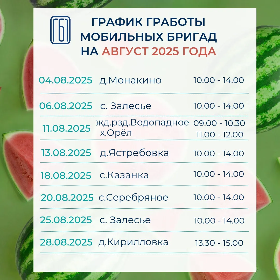 График работы мобильной бригады в августе 2025 года