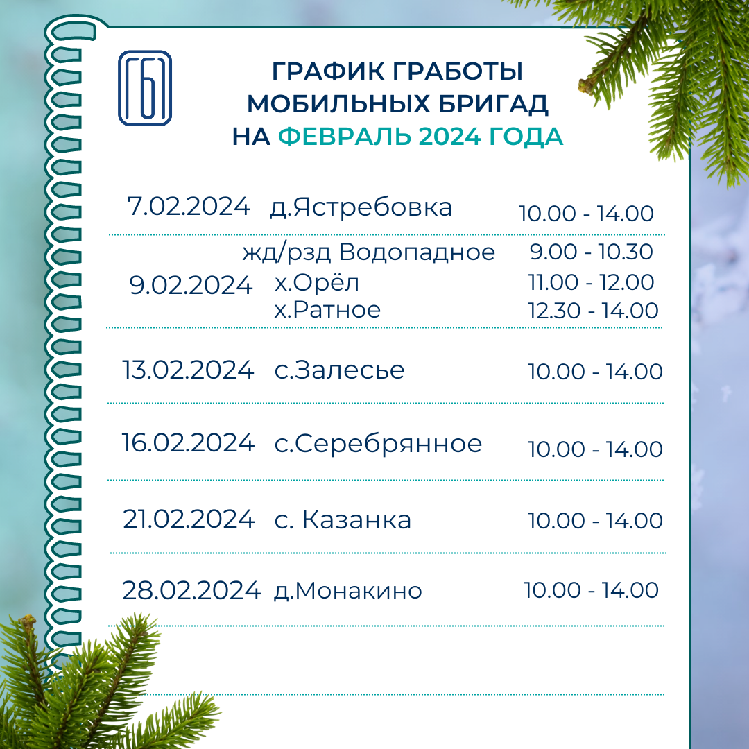 График работы мобильного ФАПа в феврале